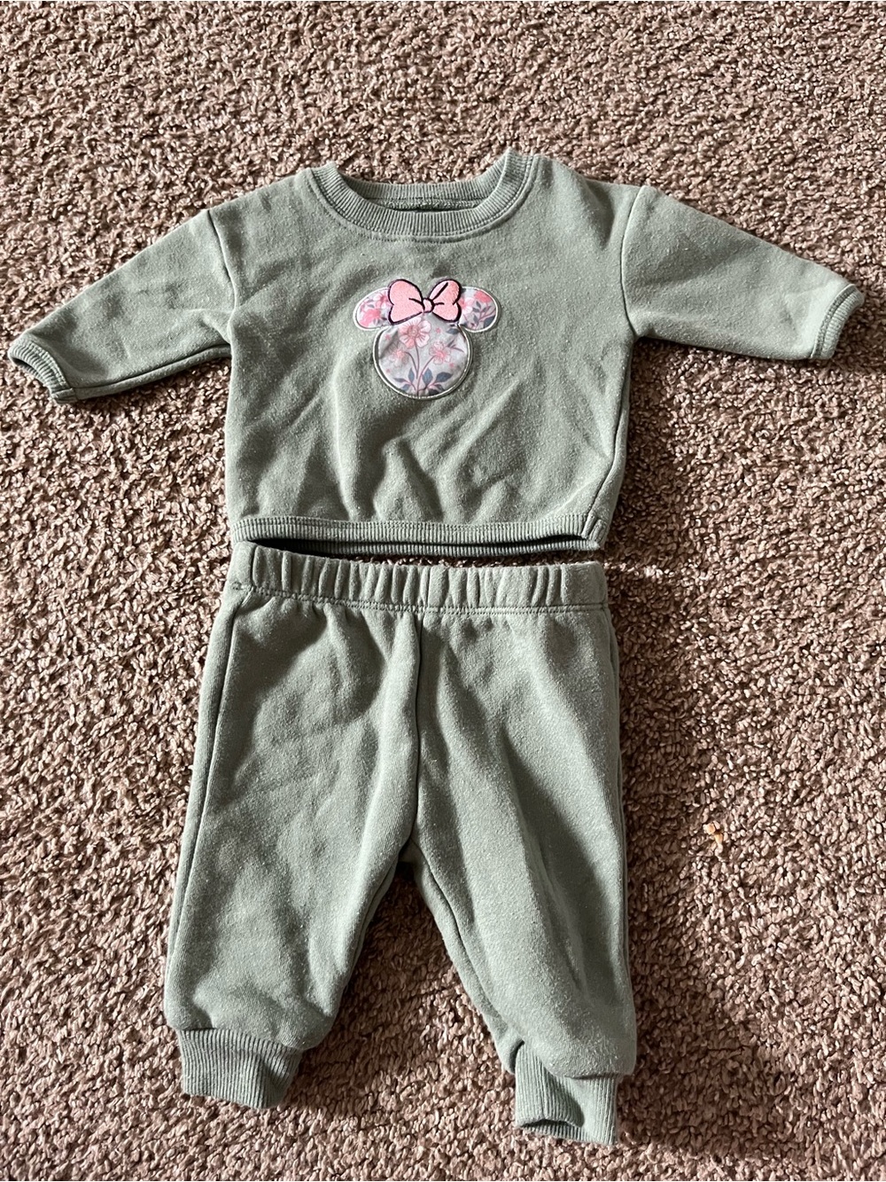 Disney Sage Green Sweatshirt & Jogger Set with Floral Minnie Patch 0-3 Months
